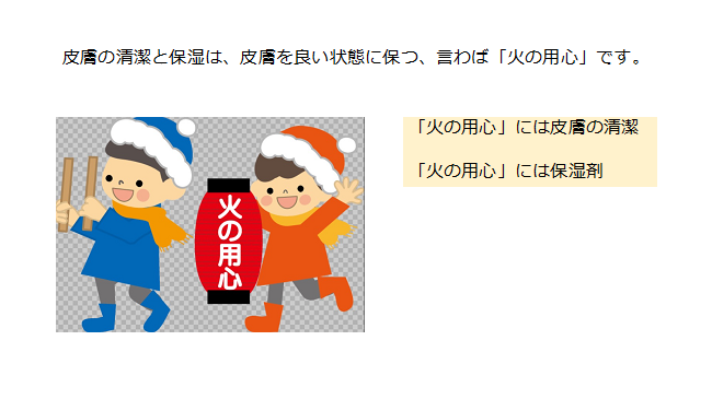 皮膚の清潔と保湿は、皮膚を良い状態に保つ、言わば火の用心です。